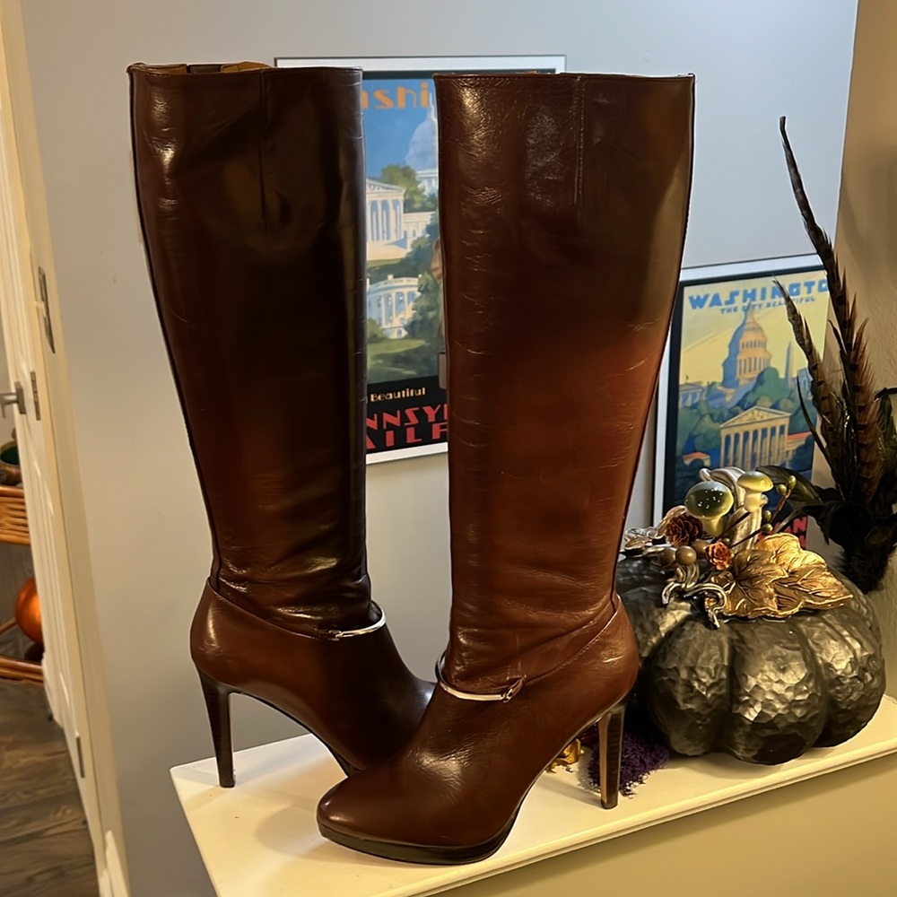 Nine West 2015 Pearson Brown Leather Boots with gold accent Sz 7 - Picture 4 of 8
